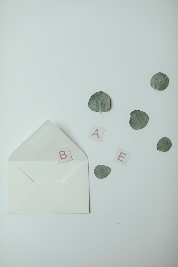 Leaves, Cut Out Letters and an Envelope Lying Against White Background